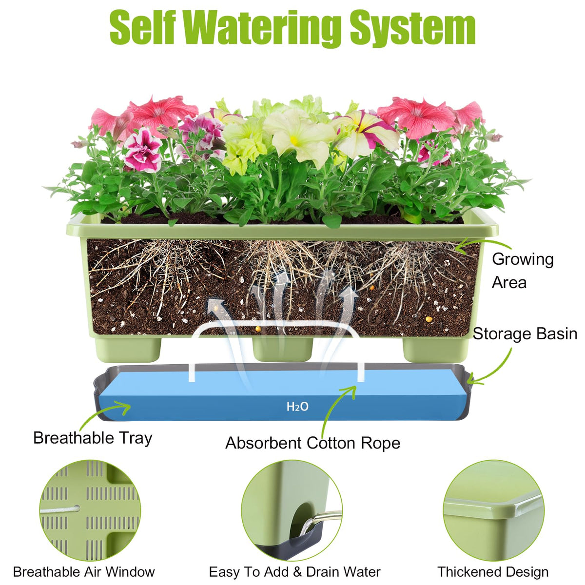 Oliz rectangle flower pots with drainage holes and trays for healthy root growth.