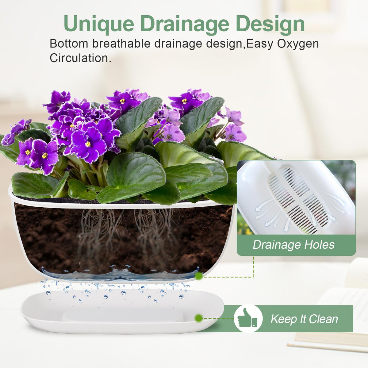 Oliz set-of-4 white oval planters, desktop use, minimal design enhances indoor greenery.