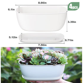 Oliz set-of-4 white oval planters, drainage trays closeup, prevents soil pooling.