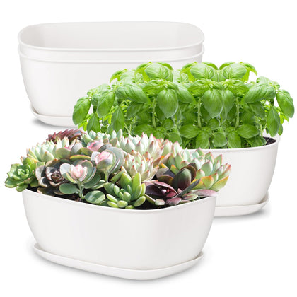 Oliz set-of-4 white oval planters, side view, ideal for compact herb displays.