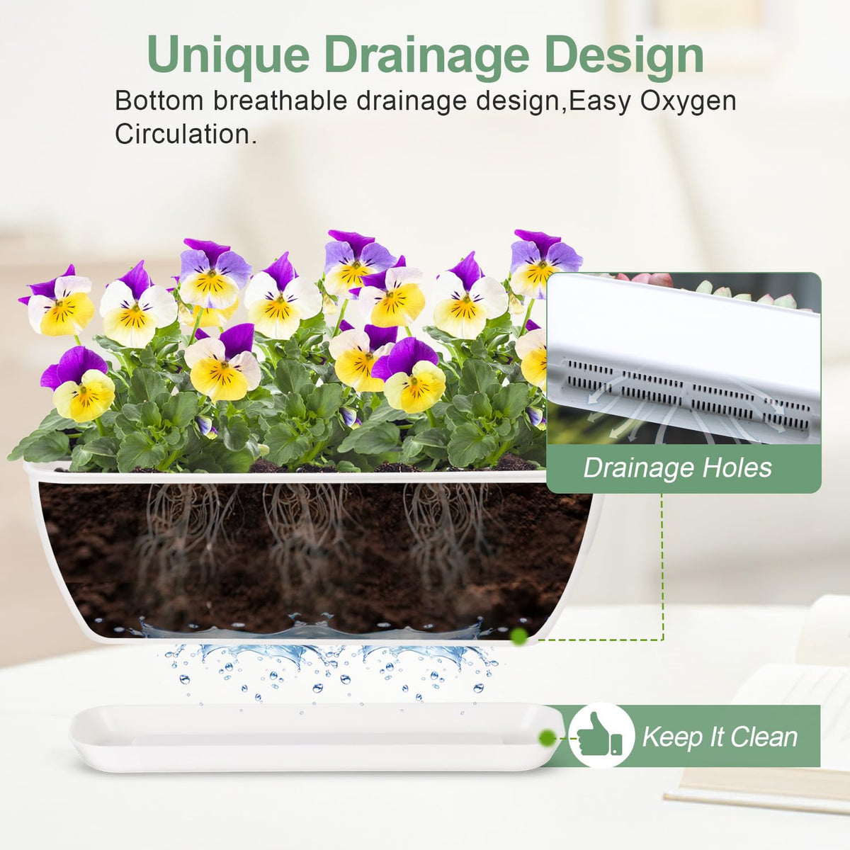 Oliz tray-bottom drainage detail highlights moisture management for healthy roots.