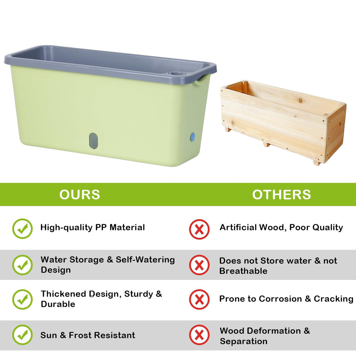 Oliz window box planter 14-inch dimension offers ample planting space.