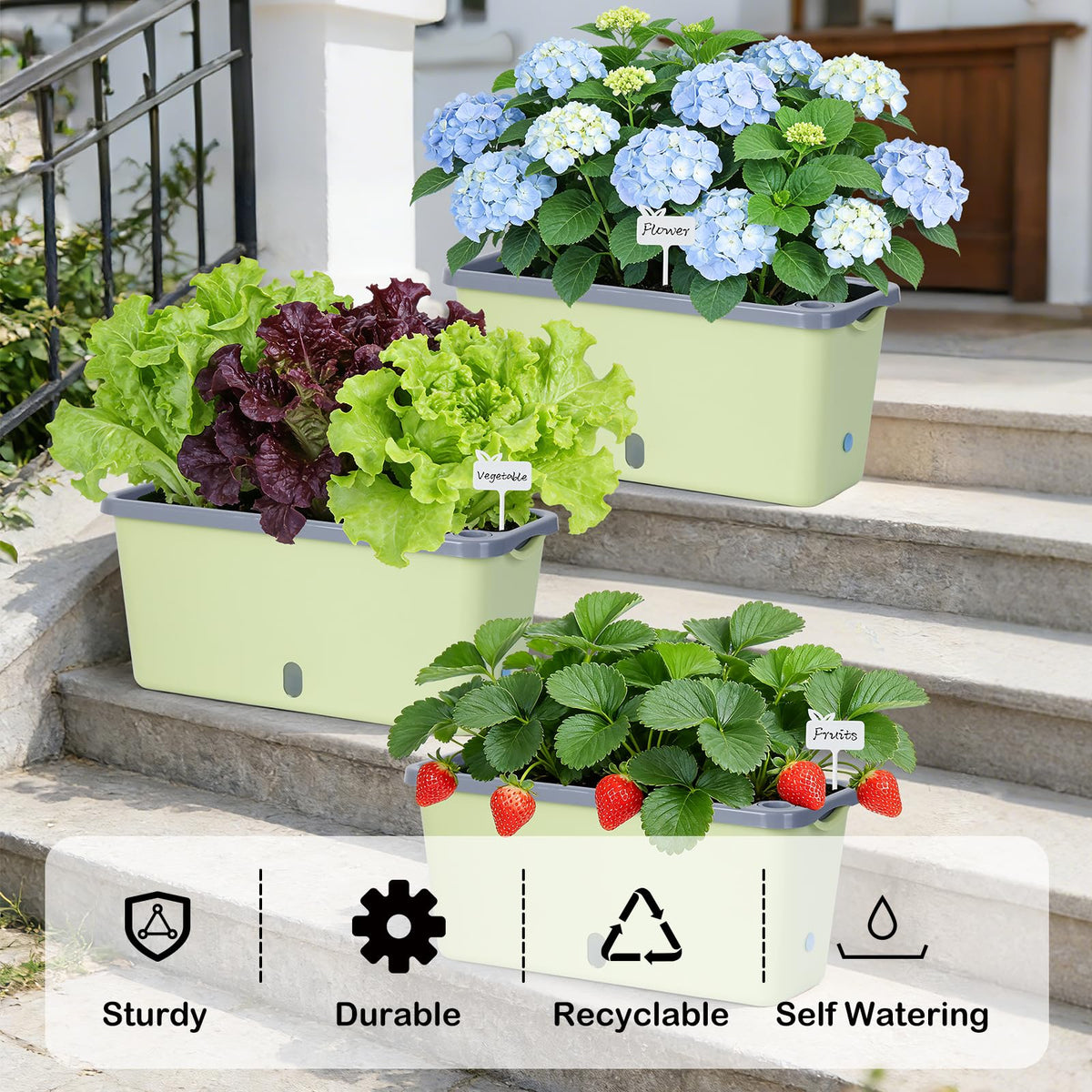 Oliz window box planter 4-pack side angle showing compact balcony garden.