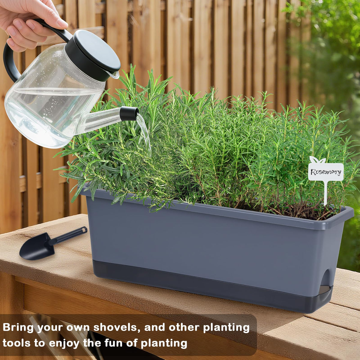 Oliz window box planter shows reservoir and cotton rope delivering moisture