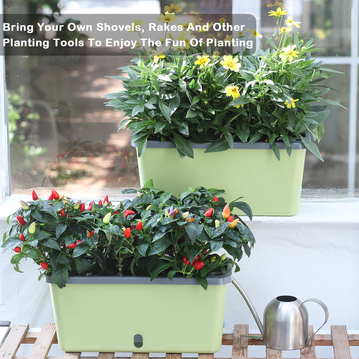 Oliz window box planter self-watering reservoir demonstrates moisture system.
