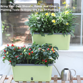 Oliz window box planter self-watering reservoir demonstrates moisture system.