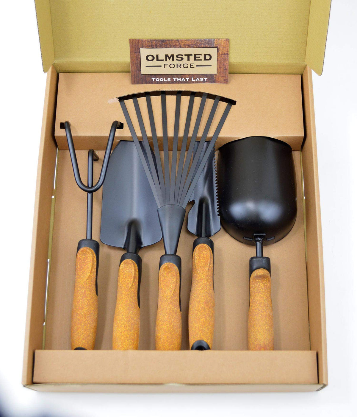 OLMSTED FORGE hand rake ideal for light weeding and soil surface leveling.