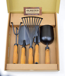 OLMSTED FORGE hand rake ideal for light weeding and soil surface leveling.