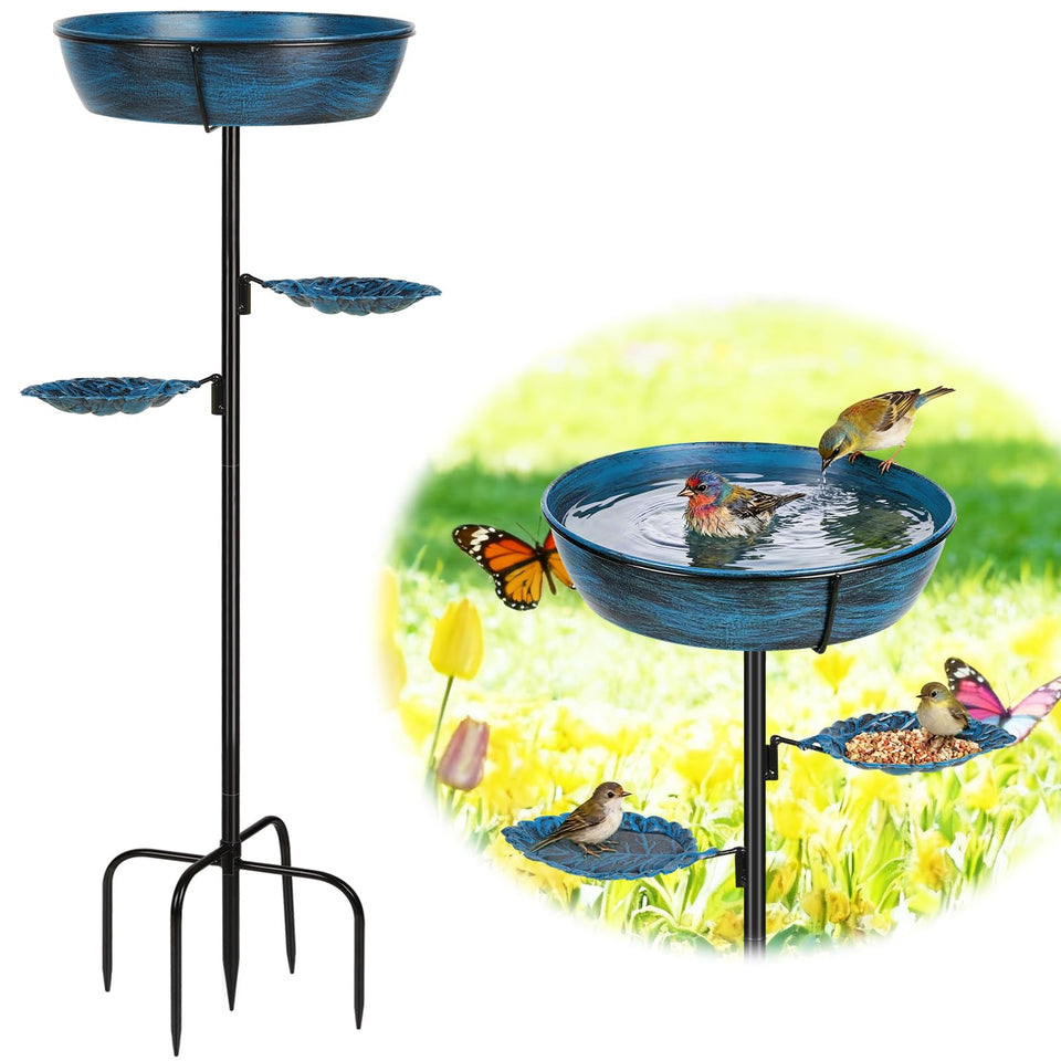 Olpchee metal bird bath blue base displays a durable outdoor support in the garden
