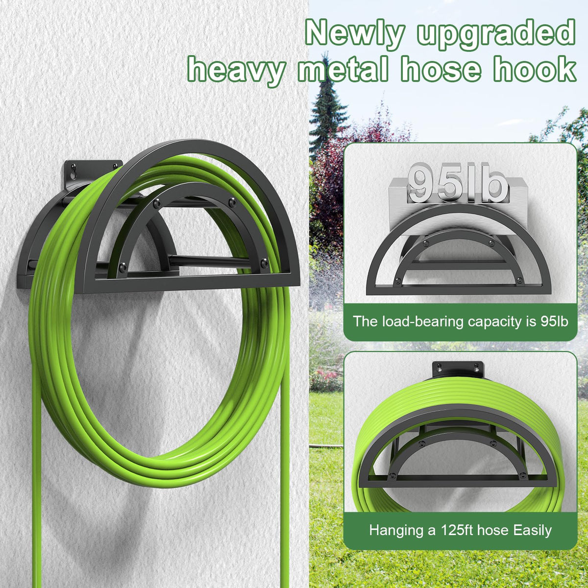 OLV heavy-duty metal hose hanger withstands outdoor conditions.
