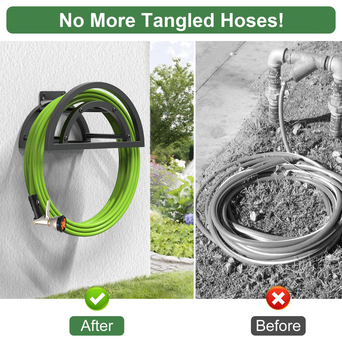 OLV outdoor hose holder fits brick, wood, and cement walls.