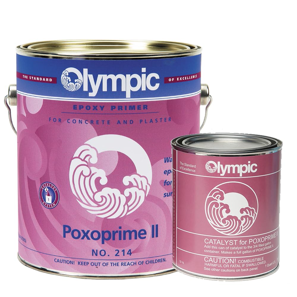 Olympic Poxoprime II primer bottle pour; ready base for epoxy pool coatings.
