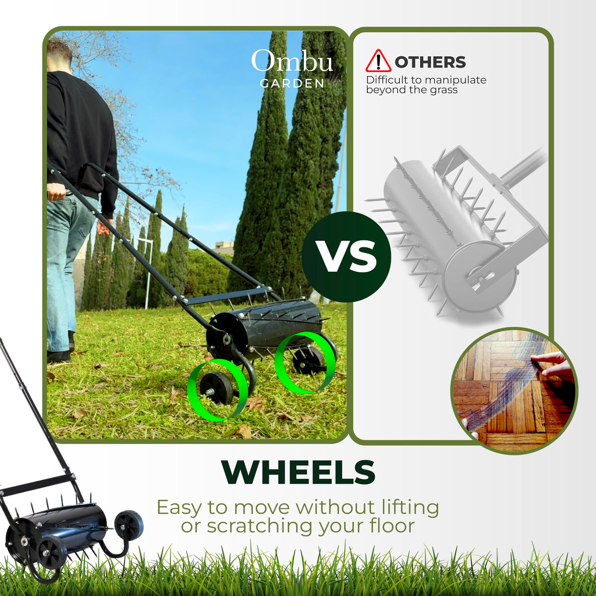 Ombu garden aerator features helix spike pattern for smoother roll