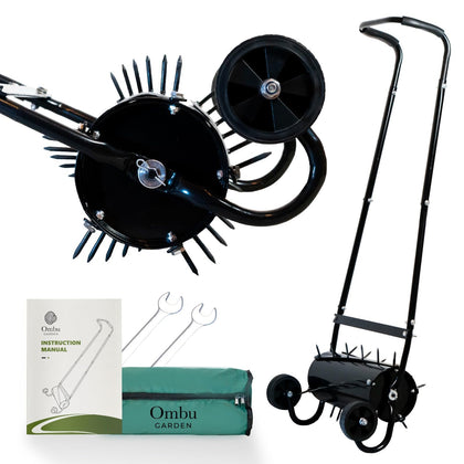 Ombu garden rolling aerator showing 16-inch width for efficient lawn aeration
