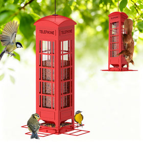 OMEUTY squirrel-proof feeder perch blocks squirrels while small birds feed.