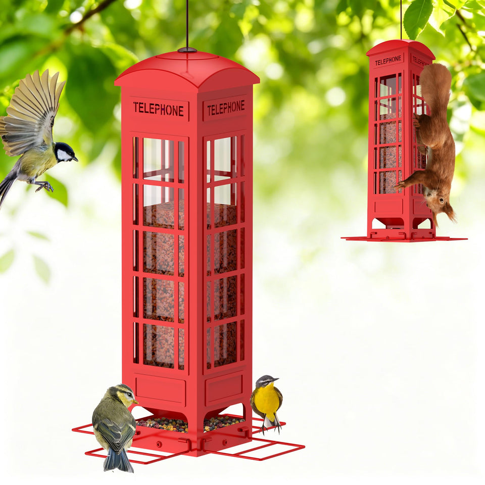 OMEUTY squirrel-proof feeder perch blocks squirrels while small birds feed.