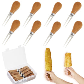 OMGOD corn cob holders with wooden big handle for easy one-handed grip.