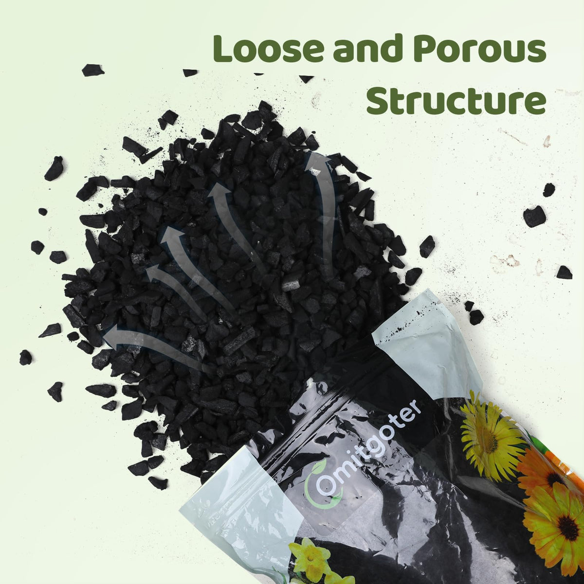 Omitgoter activated-charcoal soil-aeration close-up shows porous granules aiding moisture balance.