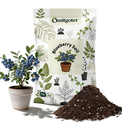 Omitgoter Blueberry Soil bag seal close-up highlighting natural blend for healthy root development.