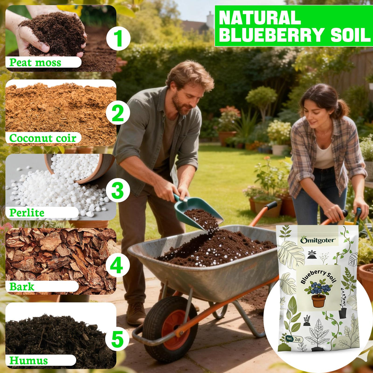 Omitgoter Blueberry Soil in a pot shows improved drainage and aeration for blueberries.