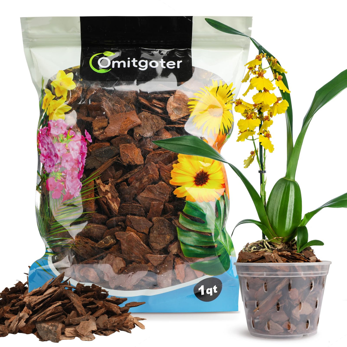 Omitgoter Orchid Bark 1qt supports orchid roots and moisture balance.