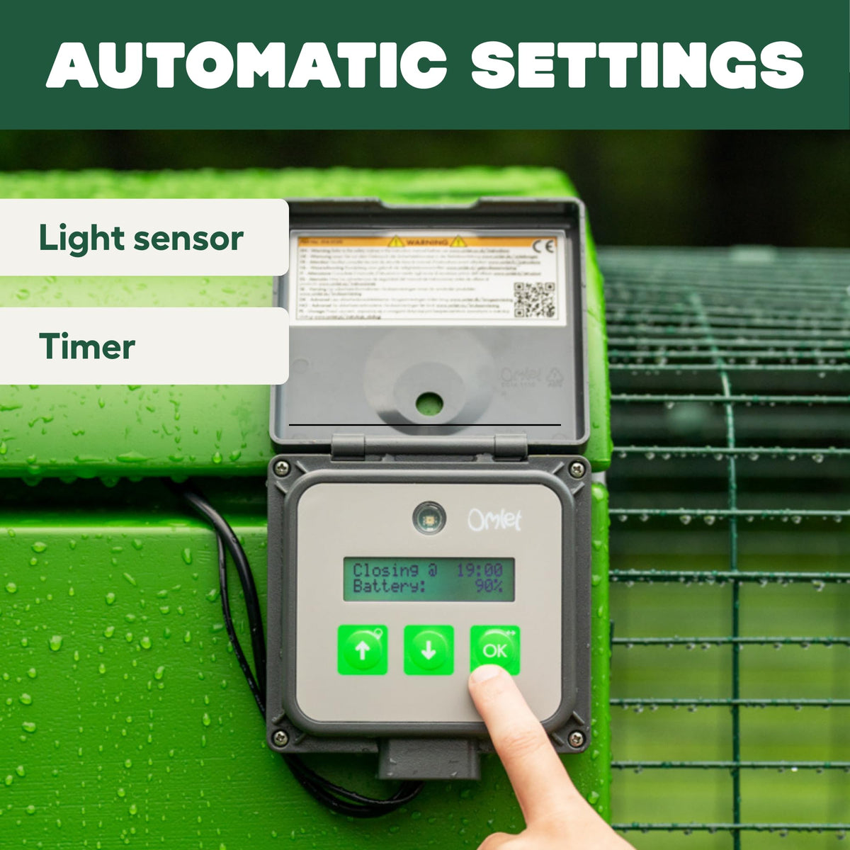 Omlet automatic door battery compartment highlights long-lasting power for busy days.