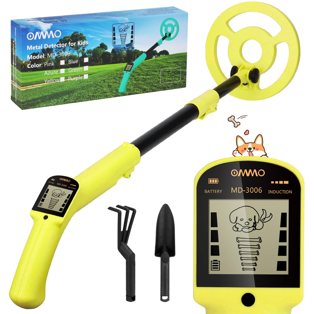 OMMO kids metal detector with 6-inch search coil for easy treasure hunting.