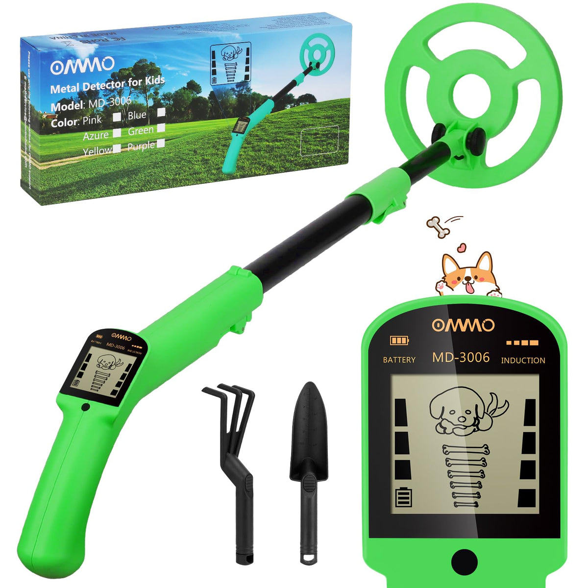 OMMO Kids Metal Detector with animated puppy LCD display for curious explorers.