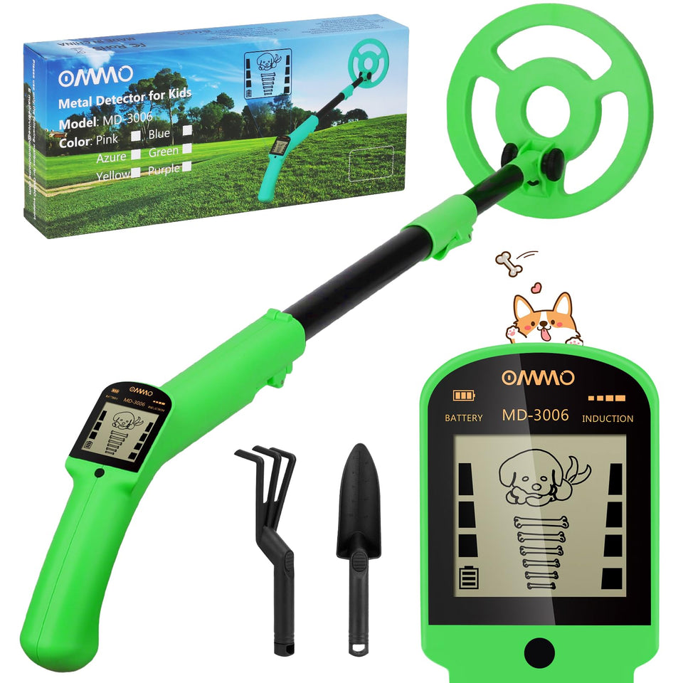 OMMO Kids Metal Detector with animated puppy LCD display for curious explorers.