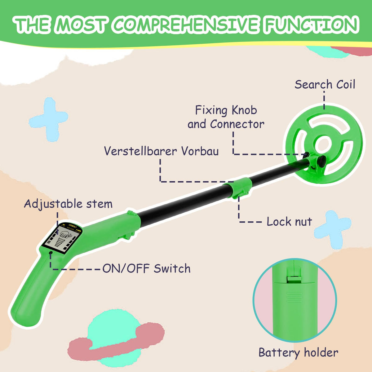 OMMO Includes 9V battery, shovel, and rake for ready-to-use play.