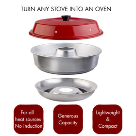 Omnia Oven ready for camping, boat, or RV kitchens—reliable baking on any burner.