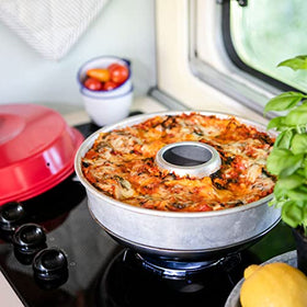 Omnia Oven capacity view—fits 8-inch pan or 2.1 quarts.