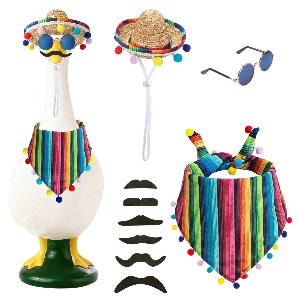 On-Airstore Mexican goose outfit with sombrero enhances porch display.