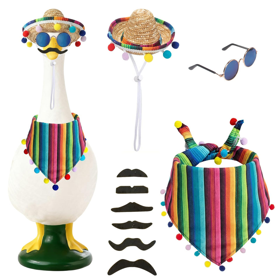 On-Airstore Mexican goose outfit with sombrero enhances porch display.