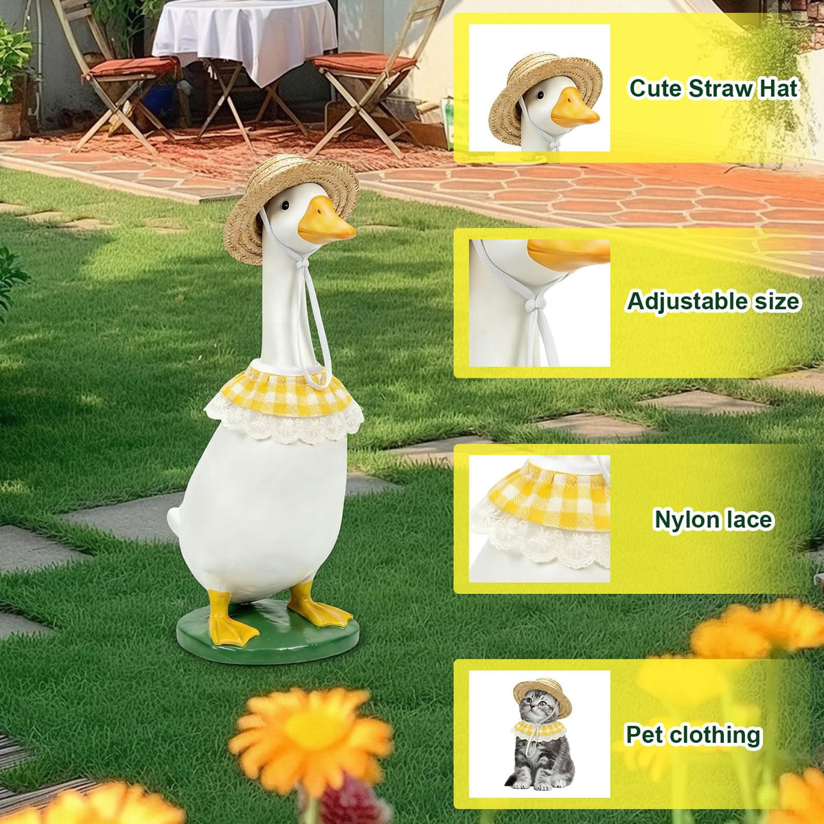 Adjustable bib and 5.7-inch hat ensure secure fit for 23-inch geese.