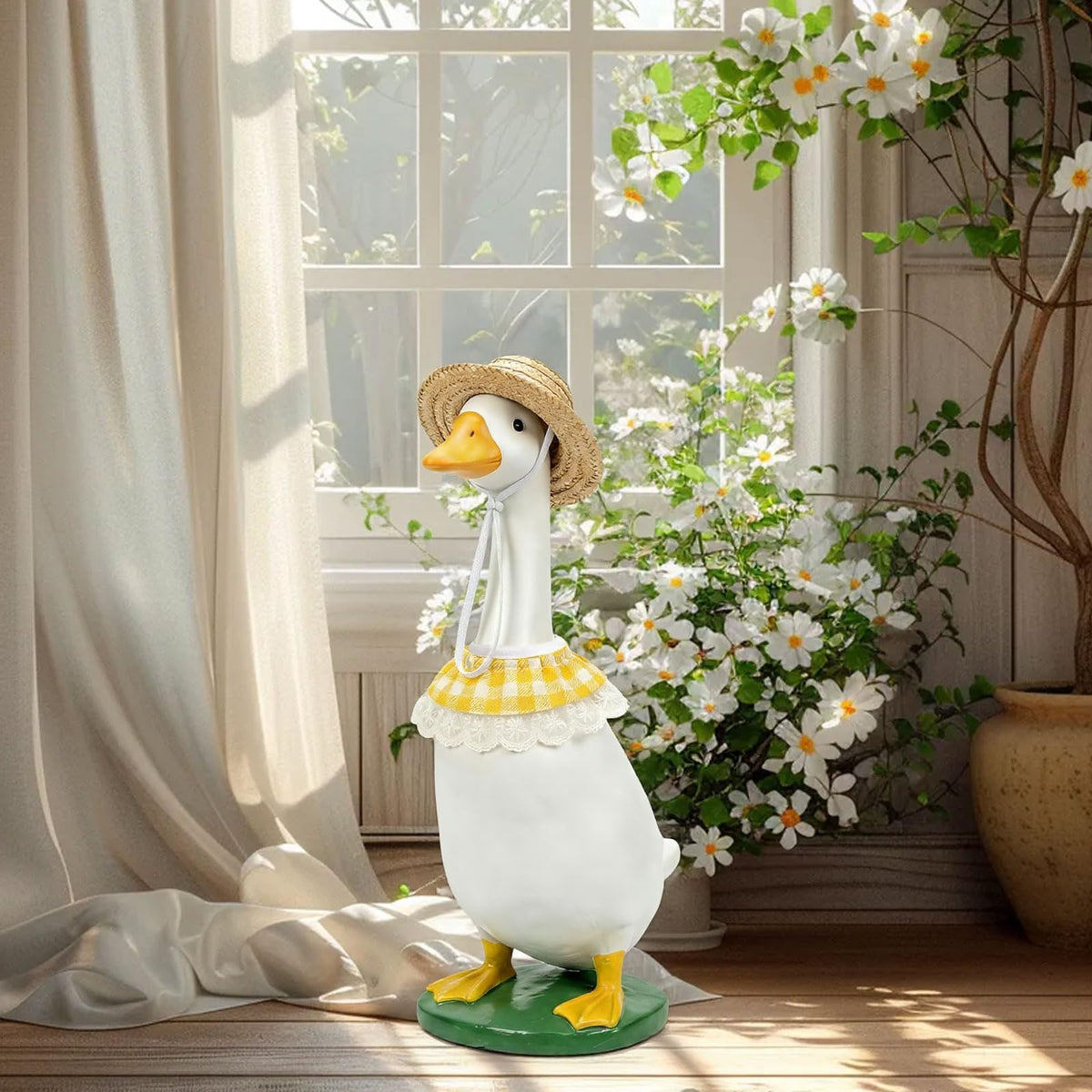 Versatile use for cement geese, plastic ducks, and lawn statues.