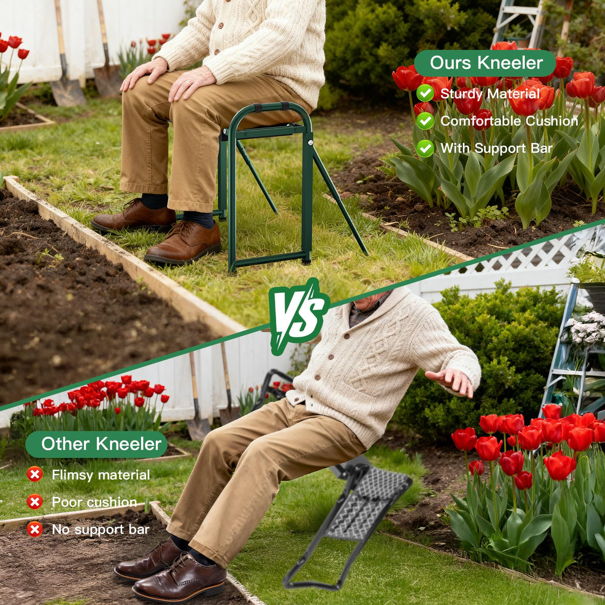 Onadak folding kneeler seat with carry handle for easy transport.