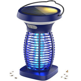 OnBeam solar bug zapper outdoor front view showing 2100 sq ft coverage
