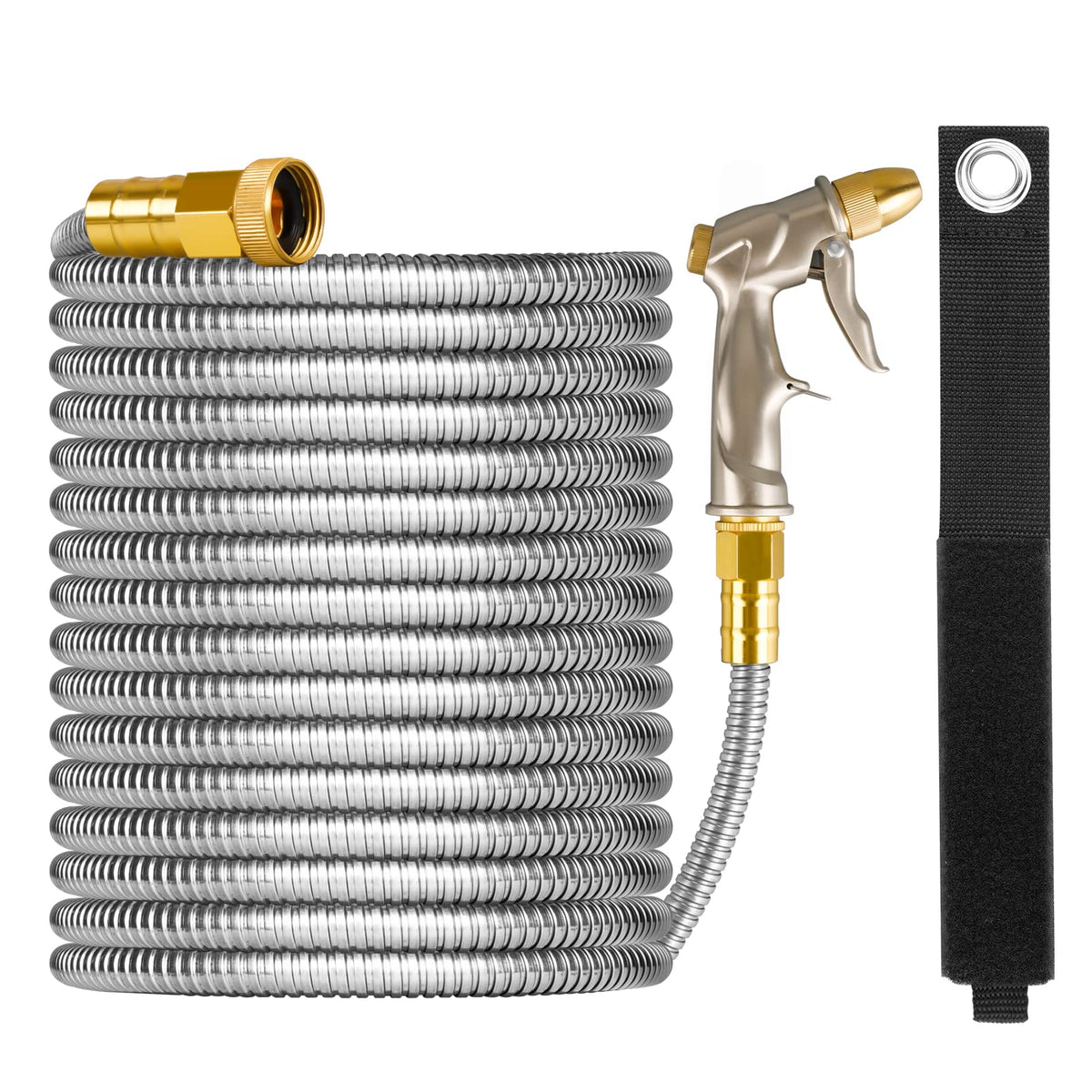 OnBrand 125ft metal garden hose neatly coiled with storage strap for quick outdoor setup