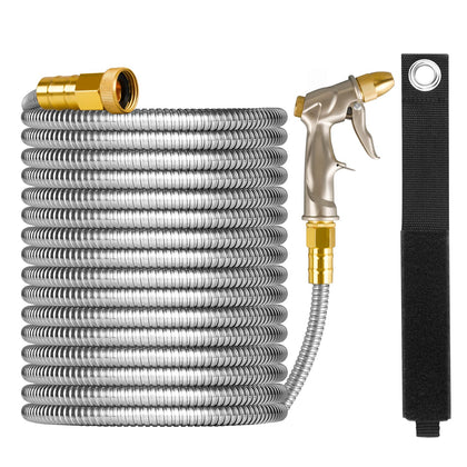 OnBrand 125ft metal garden hose neatly coiled with storage strap for quick outdoor setup