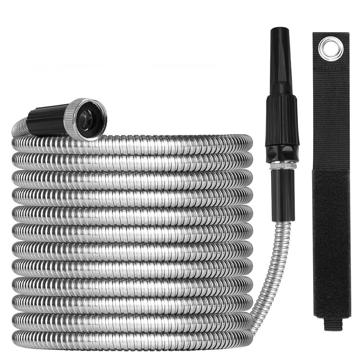 OnBrand 75ft metal garden hose with durable stainless steel construction for outdoor use.