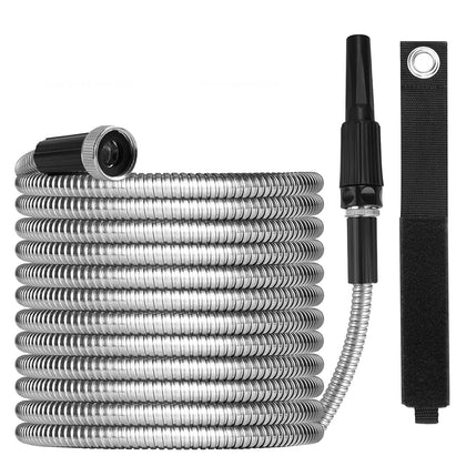OnBrand 75ft metal garden hose with durable stainless steel construction for outdoor use.