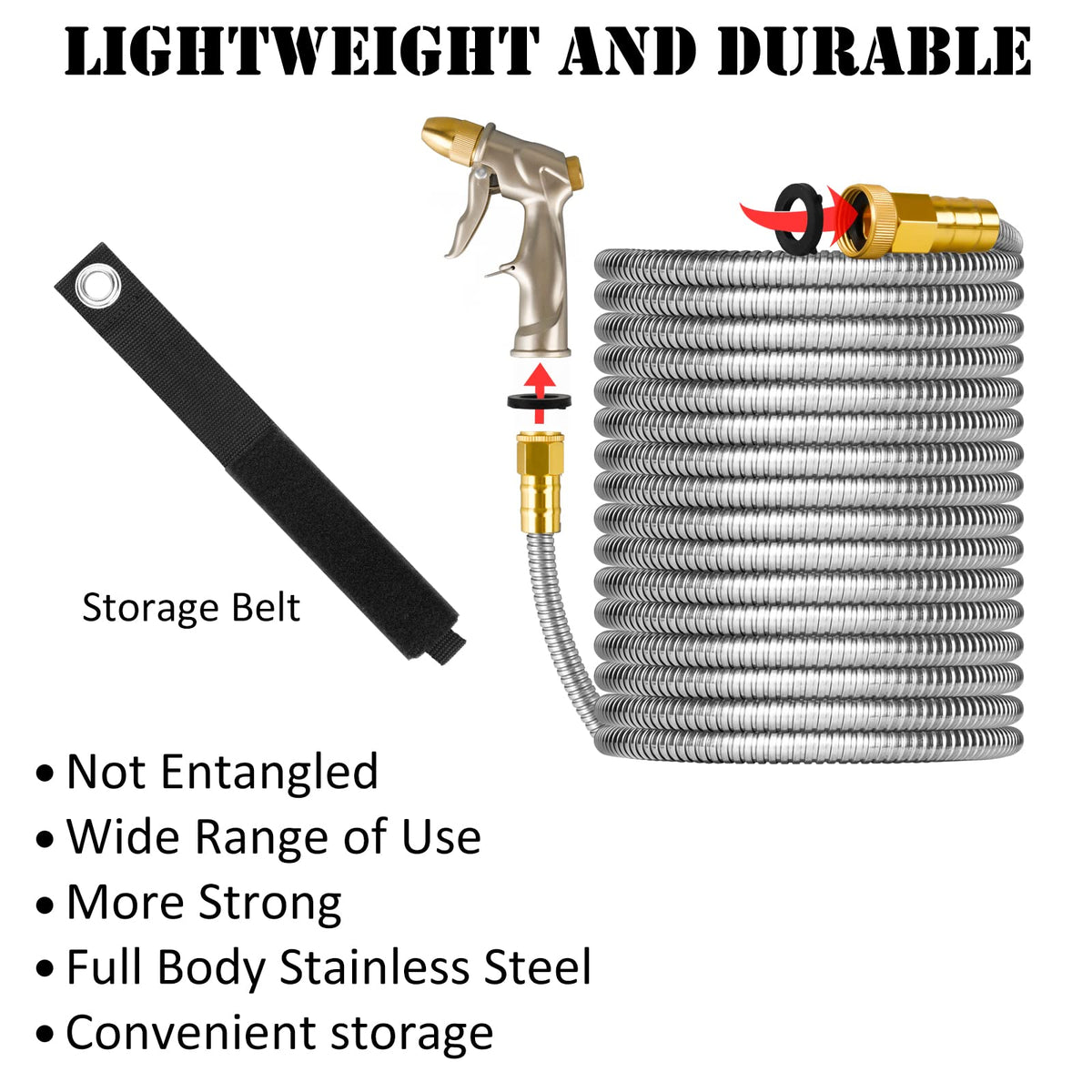 OnBrand built-in storage strap keeps hose tidy and ready for wall hanging