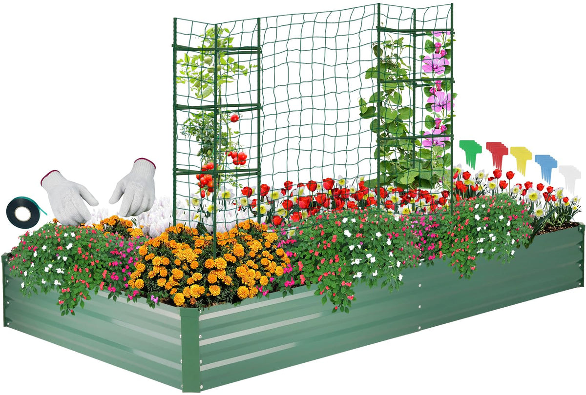 ONCEMORE galvanized raised bed with a large planter for vegetables and herbs outdoors.