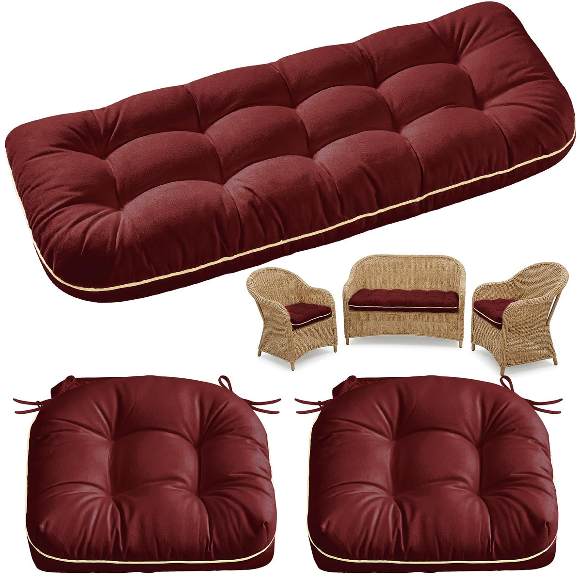 1 MIDDLE ONE wicker loveseat cushion in burgundy offers plush support for outdoor seating