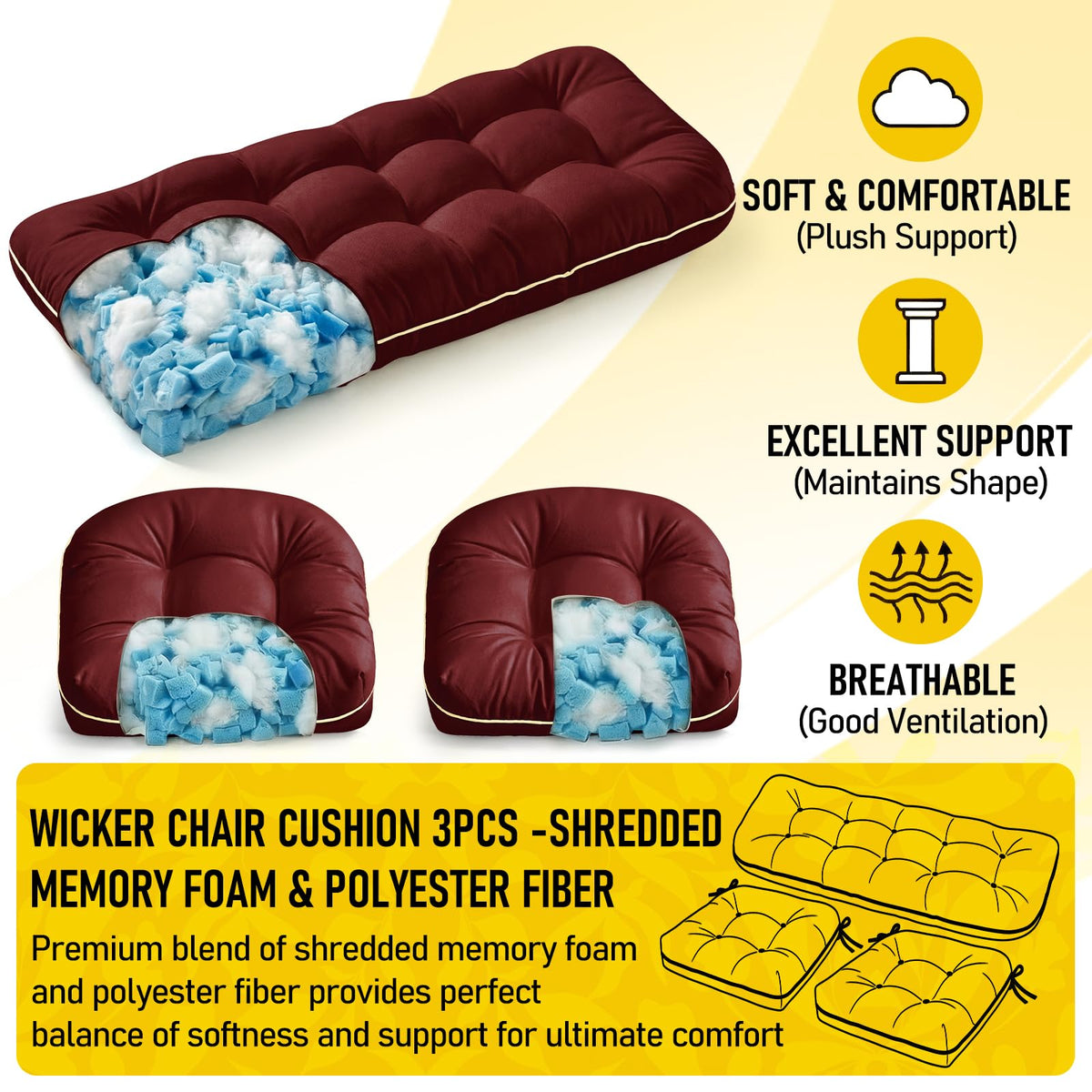 1 MIDDLE ONE 3-piece wicker cushion set ready for outdoor use in burgundy