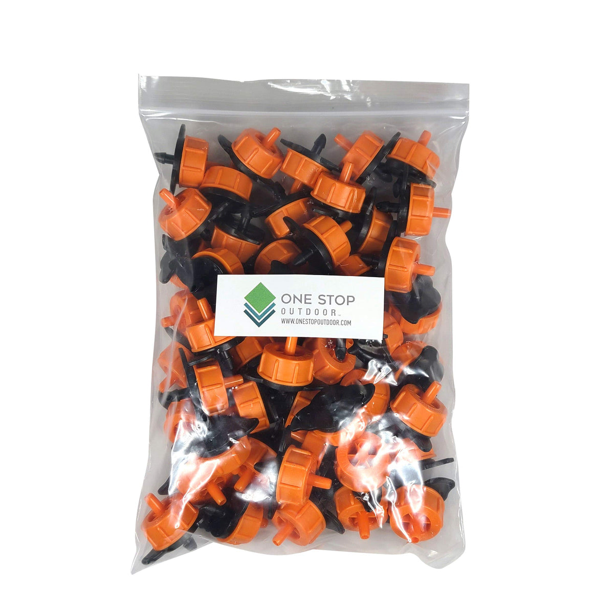 One Stop Outdoor 50-pack orange emitters displayed for organized irrigation planning