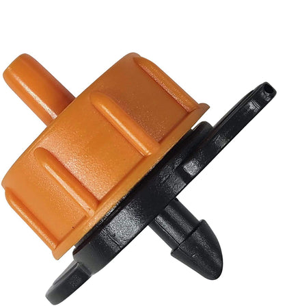 One Stop Outdoor orange drip emitter close-up showing precise irrigation focus
