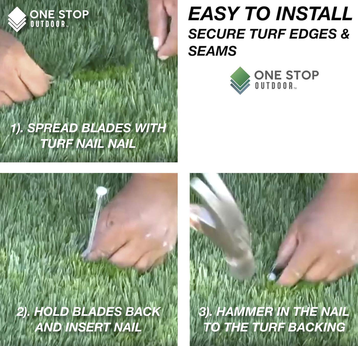 One Stop Outdoor perimeter-securement nails keep turf edges neat