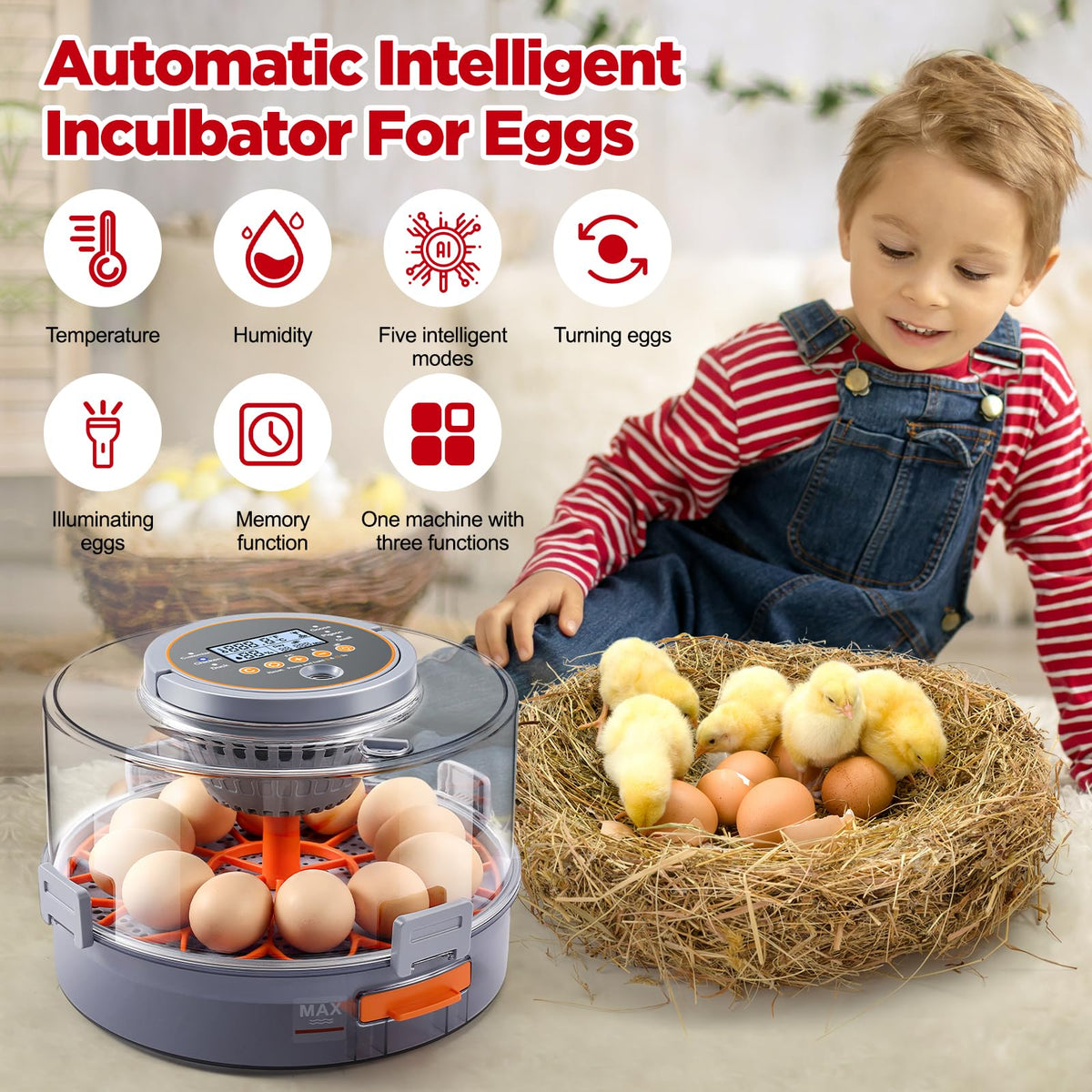 Integrated brooding mode keeps newly hatched chicks warm briefly inside the unit.